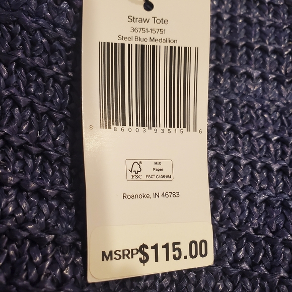 NEW! Vera Bradley Steel Blue Medallion Straw Beach Tote Bag (#13) - Picture 2 of 12